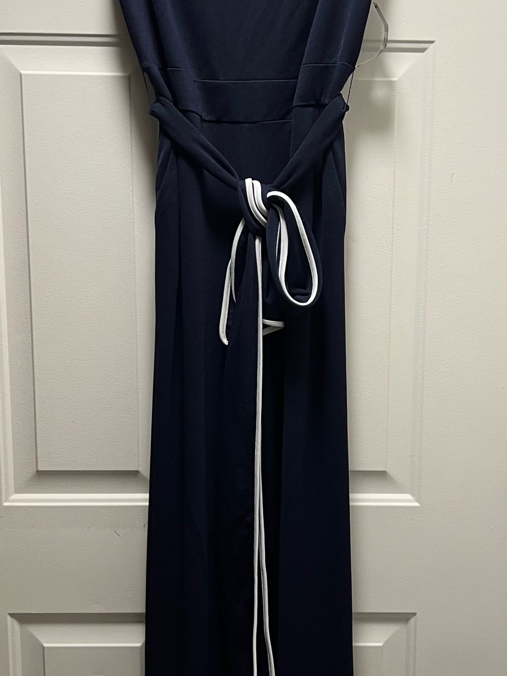 New York & Company Navy Jumpsuit with White-Trim Tie
